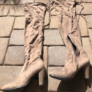 Over the knee taupe chunky heeled boots 2 inches